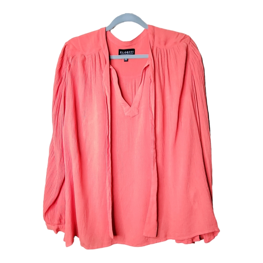 Eloquii Coral Orange Long Sleeve Flowy Boho Blouse with front tie Loose …